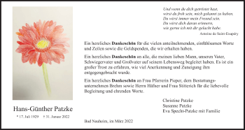 Traueranzeige von Hans-Günther Patzke von Wetterauer Zeitung