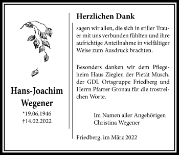 Traueranzeige von Hans-Joachim Wegener von Wetterauer Zeitung