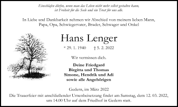 Traueranzeige von Hans Lenger von Kreis-Anzeiger