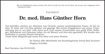 Traueranzeige von Hans Günther Horn von Wetterauer Zeitung, Giessener Allgemeine, Alsfelder Allgemeine