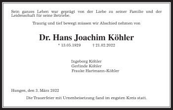Traueranzeige von Hans Joachim Köhler von Giessener Allgemeine, Alsfelder Allgemeine, Giessener Anzeiger