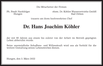 Traueranzeige von Hans Joachim Köhler von Giessener Allgemeine, Alsfelder Allgemeine, Giessener Anzeiger