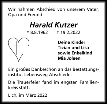 Traueranzeige von Harald Kutzer von Licher Wochenblatt