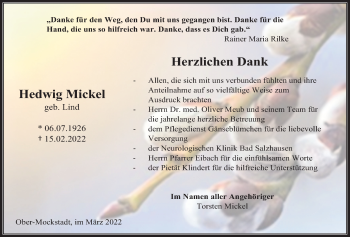 Traueranzeige von Hedwig Mickel von Kreis-Anzeiger