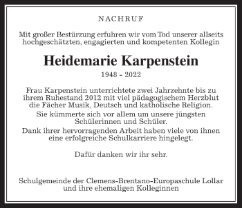 Traueranzeige von Heidemarie Karpenstein von Giessener Allgemeine, Alsfelder Allgemeine