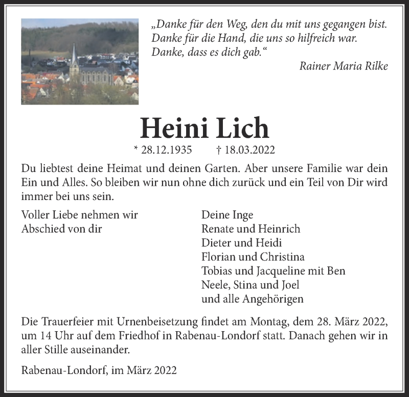  Traueranzeige für Heini Lich vom 26.03.2022 aus Giessener Allgemeine, Alsfelder Allgemeine