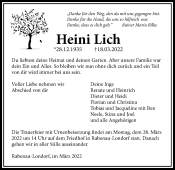 Traueranzeige von Heini Lich von Rabenauer Zeitung