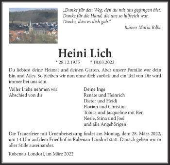 Traueranzeige von Heini Lich von Giessener Allgemeine, Alsfelder Allgemeine