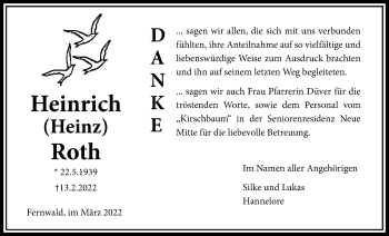 Traueranzeige von Heinrich Roth von Giessener Allgemeine, Alsfelder Allgemeine, Giessener Anzeiger