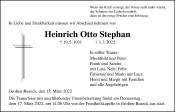 Traueranzeige von Heinrich Otto Stephan von Giessener Allgemeine, Alsfelder Allgemeine, Giessener Anzeiger