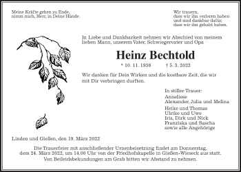 Traueranzeige von Heinz Bechtold von Giessener Allgemeine, Alsfelder Allgemeine