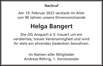 Traueranzeige von Helga Bangert von Usinger Anzeiger