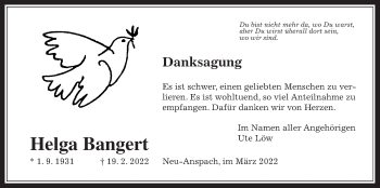 Traueranzeige von Helga Bangert von Usinger Anzeiger
