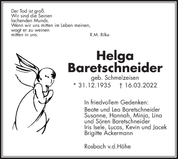 Traueranzeige von Helga Baretschneider von Wetterauer Zeitung