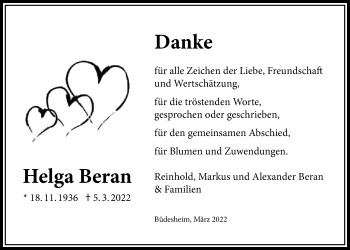 Traueranzeige von Helga Beran von Bad Vilbel/Karben