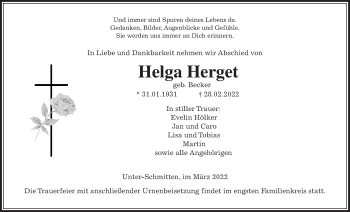 Traueranzeige von Helga Herget von Kreis-Anzeiger