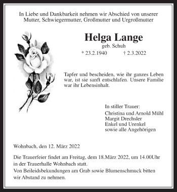 Traueranzeige von Helga Lange von Wetterauer Zeitung