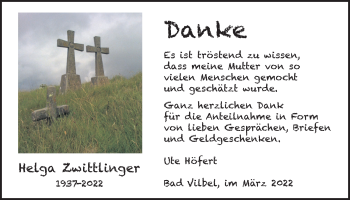Traueranzeige von Helga Zwittlinger von Bad Vilbel/Karben