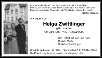 Traueranzeige von Helga Zwittlinger von Bad Vilbel/Karben