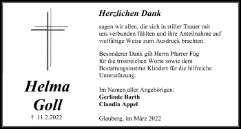 Traueranzeige von Helma Goll von Kreis-Anzeiger