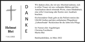 Traueranzeige von Helmut Blei von Giessener Allgemeine, Alsfelder Allgemeine, Giessener Anzeiger