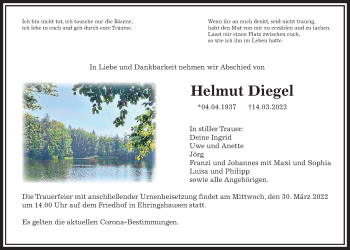 Traueranzeige von Helmut Diegel von Alsfelder Allgemeine