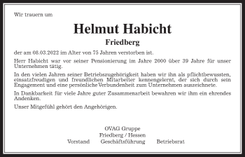 Traueranzeige von Helmut Habicht von Wetterauer Zeitung