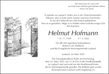 Traueranzeige von Helmut Hofmann von Giessener Anzeiger, Giessener Allgemeine, Alsfelder Allgemeine, Laubacher Anzeiger