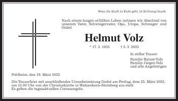 Traueranzeige von Helmut Volz von Giessener Allgemeine, Alsfelder Allgemeine, Giessener Anzeiger