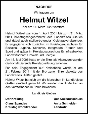 Traueranzeige von Helmut Witzel von Giessener Allgemeine, Giessener Anzeiger, Alsfelder Allgemeine