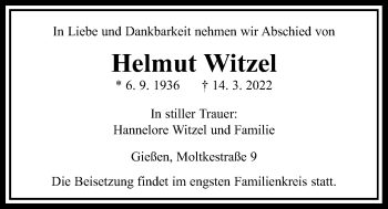 Traueranzeige von Helmut Witzel von Giessener Allgemeine, Alsfelder Allgemeine, Giessener Anzeiger