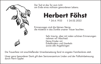 Traueranzeige von Herbert Föhst von Giessener Anzeiger, Giessener Allgemeine, Alsfelder Allgemeine