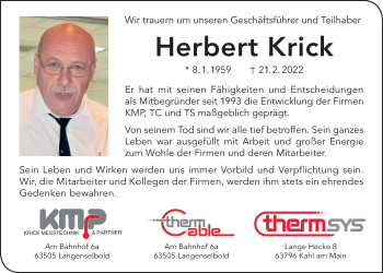 Traueranzeige von Herbert Krick von Wetterauer Zeitung