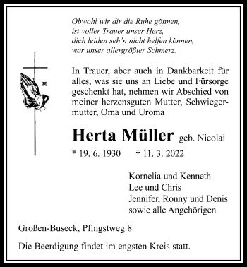 Traueranzeige von Herta Müller von Giessener Anzeiger