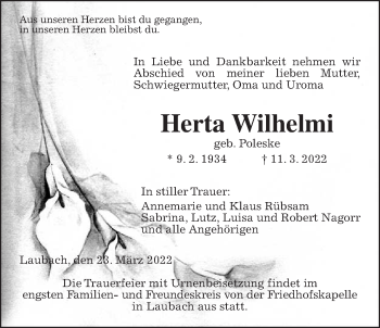 Traueranzeige von Herta Wilhelmi von Laubacher Anzeiger