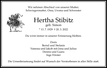 Traueranzeige von Hertha Stibitz von Bad Vilbel/Karben