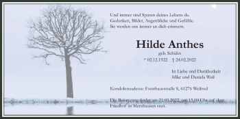 Traueranzeige von Hilde Anthes von Usinger Anzeiger