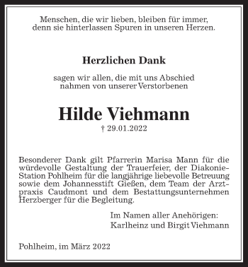 Traueranzeige von Hilde Viehmann von Pohlheimer Nachrichten
