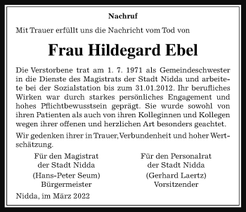 Traueranzeige von Hildegard Ebel von Kreis-Anzeiger