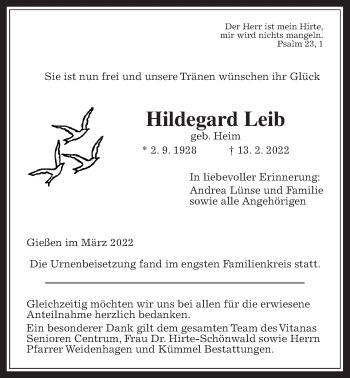 Traueranzeige von Hildegard Leib von Giessener Allgemeine, Alsfelder Allgemeine