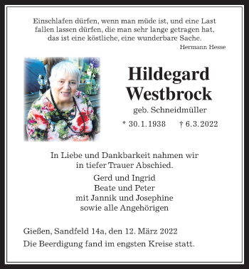 Traueranzeige von Hildegard Westbrock von Giessener Allgemeine, Alsfelder Allgemeine, Giessener Anzeiger