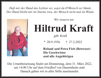Traueranzeige von Hiltrud Kraft von Kreis-Anzeiger