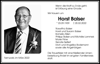 Traueranzeige von Horst Balser von Giessener Allgemeine, Alsfelder Allgemeine