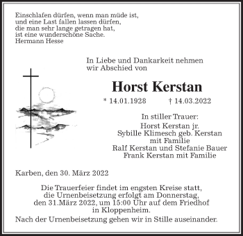 Traueranzeige von Horst Kerstan von Wetterauer Zeitung
