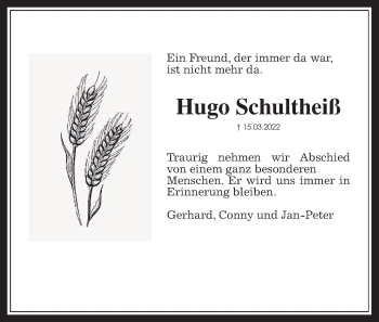 Traueranzeige von Hugo Schultheiß von Wetterauer Zeitung