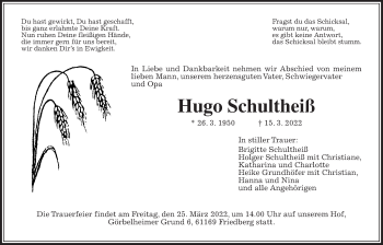 Traueranzeige von Hugo Schultheiß von Wetterauer Zeitung