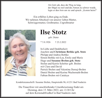 Traueranzeige von Ilse Stotz von Wetterauer Zeitung