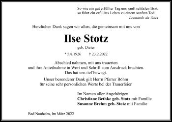 Traueranzeige von Ilse Stotz von Wetterauer Zeitung
