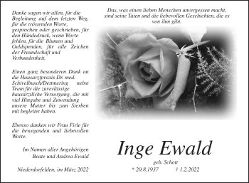 Traueranzeige von Inge Ewald von Bad Vilbel/Karben