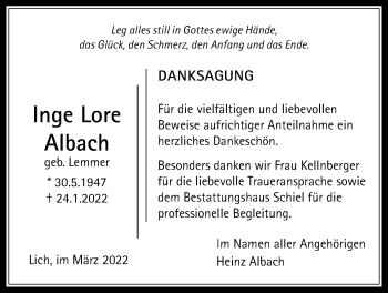 Traueranzeige von Inge Lore Albach von Licher Wochenblatt